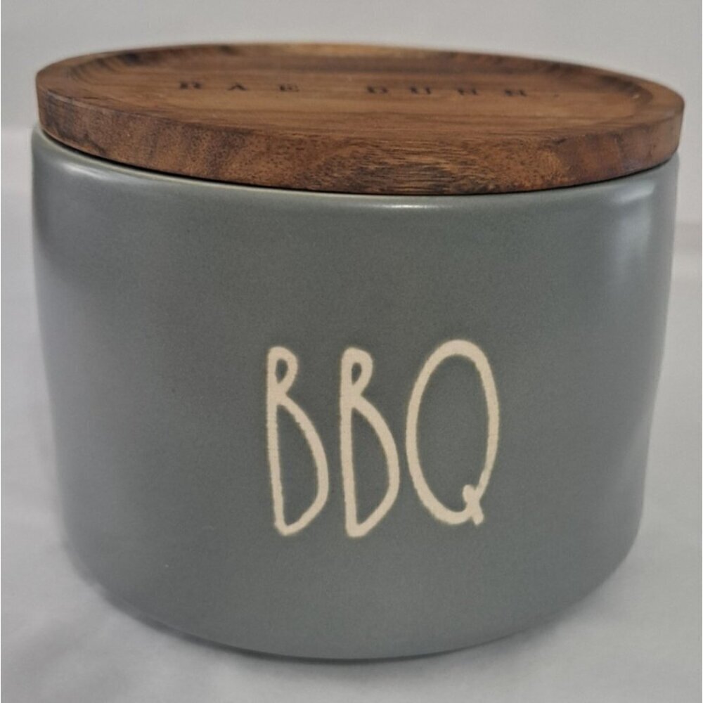 Rae Dunn Light Gray Ceramic BBQ Container Wooden Lid